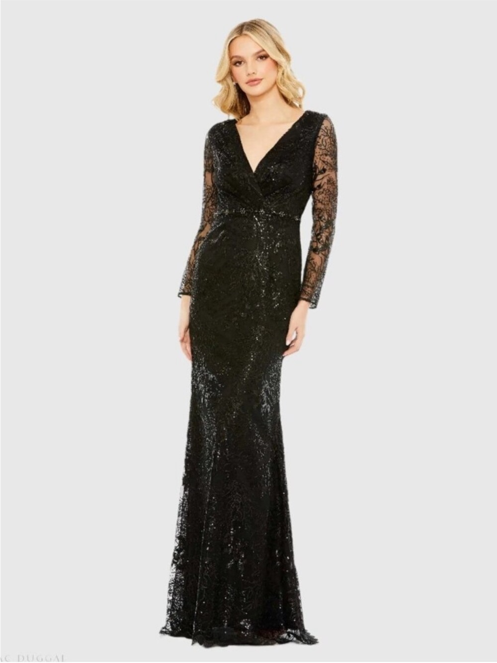 Mac Duggal Embellished Wrap Over Long Sleeve Gown